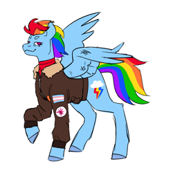 Size: 1280x1280 | Tagged: safe, artist:spartalabouche, imported from derpibooru, rainbow dash, pegasus, pony, the last problem, alternate design, alternate hairstyle, bomber jacket, clothes, damaged wing, eyebrows, female, jacket, mare, older, older rainbow dash, patch, patches, pride, pride flag, raised hoof, redesign, scuff mark, shorn fetlocks, shorter hair, simple background, solo, spread wings, standing, transgender pride flag, white background, wings