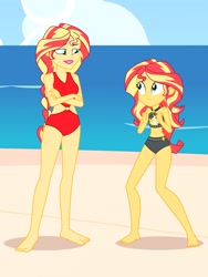 Size: 2112x2816 | Tagged: safe, artist:draymanor57, imported from derpibooru, sunset shimmer, oc, oc:sunrise shimmer, equestria girls, beach, beach shorts swimsuit, clothes, duo, duo female, fanfic art, female, high res, mother and child, mother and daughter, one-piece swimsuit, sleeveless, sunset shimmer swimsuit, sunset shimmer's beach shorts swimsuit, swimsuit