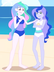 Size: 2112x2816 | Tagged: source needed, safe, artist:draymanor57, imported from derpibooru, princess celestia, princess luna, equestria girls, bare shoulders, barefoot, beach, clothes, clothes swap, feet, female, high res, one-piece swimsuit, principal celestia, royal sisters, siblings, sisters, sleeveless, swimsuit, vice principal luna