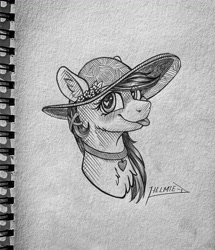 Size: 949x1102 | Tagged: safe, artist:helmie-art, artist:helmie-d, imported from derpibooru, oc, oc only, pony, bust, chest fluff, hat, heart eyes, solo, tongue out, traditional art, wingding eyes