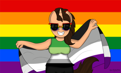 Size: 3332x2032 | Tagged: safe, artist:lynnthenerdkitty, imported from derpibooru, oc, oc:small brooke, anthro, pony, unicorn, aromantic pride flag, asexual pride flag, grin, high res, pride, pride flag, pride month, smiling