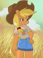 Size: 1000x1363 | Tagged: safe, artist:genericmlp, imported from derpibooru, applejack, anthro, applejack's hat, clothes, cowboy hat, field, hand on hip, hat, solo