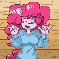 Size: 1000x1000 | Tagged: safe, artist:genericmlp, imported from derpibooru, pinkie pie, anthro, breasts, busty pinkie pie, cleavage, clothes, one eye closed, open mouth, solo, sweater, wink