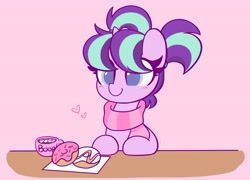 Size: 4096x2952 | Tagged: safe, artist:kittyrosie, imported from derpibooru, starlight glimmer, pony, unicorn, chocolate, clothes, colored pupils, cute, donut, female, filly, filly starlight glimmer, food, glimmerbetes, hot chocolate, marshmallow, mug, pigtails, redraw, scarf, solo, younger