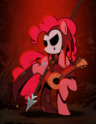 Size: 976x1256 | Tagged: safe, artist:diggerstrike, imported from derpibooru, pinkie pie, earth pony, pony, crossover, darkest dungeon, female, jester, jester pie, lute, mare, mask, solo, spear, weapon