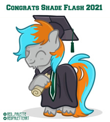 Size: 848x943 | Tagged: safe, artist:redpalette, imported from derpibooru, oc, oc:shade flash, pegasus, 2021, diploma, fluffy, graduation, graduation cap, hat, pegasus oc, smiling, unshorn fetlocks, wings