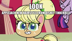 Size: 1280x720 | Tagged: safe, edit, edited screencap, imported from derpibooru, screencap, applejack, twilight sparkle, alicorn, earth pony, pony, my little pony: pony life, what goes updo, spoiler:pony life s02e17, alternate hairstyle, breaking the fourth wall, disney, disney fairies, duo, duo female, female, flying, g4.5, hairstyle, looking at you, offscreen character, pony life, solo focus, teeth, tinkerbell, twilight sparkle (alicorn)