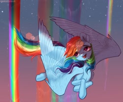 Size: 3000x2500 | Tagged: safe, artist:hakkerman, imported from derpibooru, rainbow dash, pegasus, pony, female, flying, high res, mare, open mouth, rainbow, sky, solo, spread wings, stars, wings