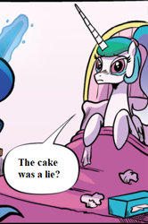 Size: 302x454 | Tagged: safe, artist:akeemroberts, edit, idw, imported from derpibooru, princess celestia, princess luna, spoiler:comic, spoiler:comic98, bed, blanket, cake, cropped, crying, food, portal, portal (valve), the cake is a lie, tissue, tissue box