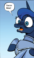 Size: 308x529 | Tagged: safe, artist:akeemroberts, edit, idw, imported from derpibooru, princess luna, spoiler:comic, spoiler:comic98, cropped, diving suit, french, reaction image