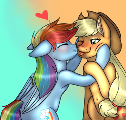 Size: 2881x2754 | Tagged: safe, artist:ponykittenboi, derpibooru exclusive, imported from derpibooru, applejack, rainbow dash, earth pony, pegasus, pony, ;p, appledash, applejack's hat, belly button, blushing, cheek kiss, cheek squish, cowboy hat, cute, dashabetes, eyes closed, female, hat, high res, jackabetes, kissing, kissing cheek, lesbian, one eye closed, one eye open, shipping, squishy cheeks, tongue out