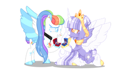 Size: 1280x825 | Tagged: safe, artist:lilywolfpie, artist:lilywolfpie-yt, imported from derpibooru, rainbow dash, twilight sparkle, alicorn, pegasus, pony, alternate design, alternate hairstyle, female, jewelry, lesbian, marriage proposal, ring, shipping, simple background, transparent background, twidash, twilight sparkle (alicorn), wedding ring