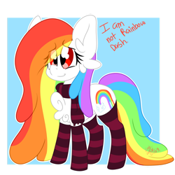 Size: 1280x1280 | Tagged: safe, artist:ladylullabystar, imported from derpibooru, oc, oc only, oc:rainbow drips, pegasus, pony, clothes, female, mare, not rainbow dash, scarf, socks, solo, striped socks