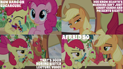 Size: 1280x720 | Tagged: safe, edit, edited screencap, editor:quoterific, imported from derpibooru, screencap, apple bloom, applejack, big macintosh, granny smith, pinkie pie, earth pony, pony, hearthbreakers, season 5, apple bloom's bow, applejack's hat, bow, cowboy hat, eyes closed, female, friendship express, hair bow, hat, male, mare, nose in the air, open mouth, smiling, stallion