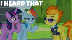 Size: 1280x720 | Tagged: safe, edit, edited screencap, editor:quoterific, imported from derpibooru, screencap, rainbow dash, spitfire, twilight sparkle, alicorn, pegasus, pony, season 6, top bolt, clothes, female, mare, necktie, smiling, spitfire's whistle, sunglasses, twilight sparkle (alicorn), uniform, whistle, whistle necklace, wonderbolts dress uniform