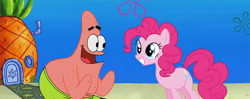 Size: 2048x809 | Tagged: safe, artist:darkmoonanimation, imported from derpibooru, pinkie pie, crossover, friendshipping, patrick star, spongebob squarepants, this will not end well, underwater