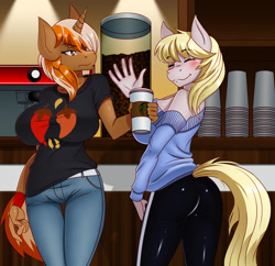 Size: 1280x1238 | Tagged: safe, artist:chacrawarrior, imported from derpibooru, oc, oc only, oc:spicy ruby, oc:twinkle dream, anthro, earth pony, ass, big breasts, blushing, breasts, butt, clothes, commission, digital art, duo, duo female, eyes closed, female, horn, looking at each other, open mouth, pants, shirt, side view, sideboob, sweater, tail, thighs, wide hips