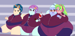 Size: 3000x1440 | Tagged: safe, artist:neongothic, imported from derpibooru, indigo zap, lemon zest, sugarcoat, sunny flare, equestria girls, bbw, belly, big belly, blushing, breasts, busty indigo zap, busty sugarcoat, busty sunny flare, chubby cheeks, clothes, crystal prep academy uniform, double chin, eating, fat, fat boobs, fat fetish, female, fetish, glasses, high res, indigo zapped, morbidly obese, obese, one eye closed, school uniform, ssbbw, story included, sugarcream, sunny fat, thumbs up, weight gain, wink