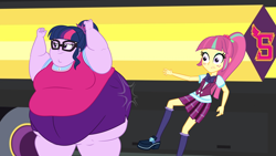 Size: 2560x1440 | Tagged: safe, artist:neongothic, imported from derpibooru, sci-twi, sour sweet, twilight sparkle, equestria girls, bbw, belly, big belly, bingo wings, breasts, busty sci-twi, butt, butt bump, chubby cheeks, clothes, crystal prep academy uniform, double chin, fat, fat ass, fat boobs, fat fetish, female, fetish, freckles, large butt, morbidly obese, obese, school uniform, sci-twilard, smiling, smirk, ssbbw, story included, thighs, thunder thighs, twilard sparkle, twilight has a big ass