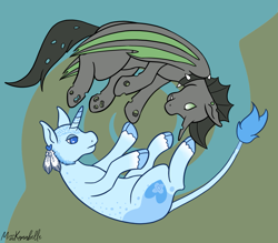 Size: 1823x1600 | Tagged: safe, artist:misskanabelle, imported from derpibooru, oc, oc only, changeling, pony, unicorn, abstract background, base used, changeling oc, cloven hooves, commission, duo, green changeling, horn, leonine tail, signature, unicorn oc, ych result