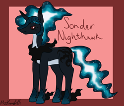 Size: 1750x1500 | Tagged: safe, artist:misskanabelle, imported from derpibooru, oc, oc only, oc:sonder nighthawk, pony, unicorn, abstract background, ethereal mane, galaxy mane, helmet, hoof fluff, horn, male, offspring, parent:king sombra, parent:princess luna, parents:lumbra, signature, solo, stallion, unicorn oc