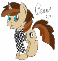 Size: 646x685 | Tagged: safe, artist:pegasski, imported from derpibooru, oc, oc only, oc:benny, pony, unicorn, clothes, grin, horn, male, simple background, smiling, solo, stallion, unicorn oc, white background