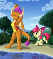 Size: 2400x2687 | Tagged: safe, artist:sirzi, imported from derpibooru, apple bloom, smolder, dragon, earth pony, pony, beach, clothes, cloud, dragoness, duo, duo female, eyes closed, female, filly, grass, high res, one-piece swimsuit, open mouth, open-back swimsuit, outdoors, sky, stretching, stupid sexy smolder, swimsuit, teenaged dragon, tree, water