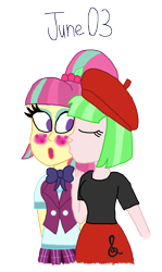 Size: 2000x3345 | Tagged: safe, artist:ktd1993, imported from derpibooru, sour sweet, watermelody, human, equestria girls, 3, cheek kiss, duo, female, high res, kiss on the cheek, kissing, lesbian, shipping, sourmelody