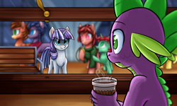 Size: 2667x1600 | Tagged: safe, artist:redahfuhrerking, imported from derpibooru, spike, twilight velvet, dragon, unicorn, fanfic:spectrum of lightning, series:daring did tales of an adventurer's companion, coffee, death stare, fanfic art, kubrick stare, nervous, scar, story included, train, train station