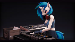 Size: 9216x5184 | Tagged: safe, artist:imafutureguitarhero, imported from derpibooru, dj pon-3, vinyl scratch, anthro, unicorn, 3d, absurd file size, absurd resolution, arm fluff, armband, black bars, body fluff, box, breasts, chromatic aberration, cleavage, clothes, colored eyebrows, colored eyelashes, crate, ear fluff, female, film grain, fingerless gloves, fluffy, fur, gloves, headphones, horn, keyboard, leather gloves, mare, midriff, musical instrument, pants, record, record player, revamped anthros, revamped ponies, signature, simple background, smiling, solo, source filmmaker, synthesizer, tanktop, turntable