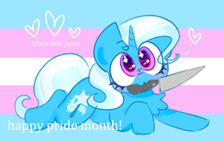 Size: 988x627 | Tagged: safe, artist:cutecandycane, imported from derpibooru, trixie, pony, unicorn, :3, chest fluff, cute, diatrixes, female, floating heart, headcanon, heart, knife, mare, mouth hold, pride, pride flag, pride month, solo, trans female, trans trixie, transgender, transgender pride flag