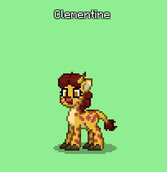 Size: 305x314 | Tagged: safe, imported from derpibooru, clementine, giraffe, pony, pony town, black tongue, cloven hooves, green background, happy, pixel art, simple background, solo