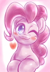 Size: 1430x2048 | Tagged: safe, artist:kurogewapony, imported from derpibooru, pinkie pie, earth pony, pony, blushing, cute, diapinkes, heart, looking at you, one eye closed, simple background, tongue out, wink