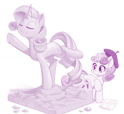 Size: 1280x1183 | Tagged: safe, artist:dstears, imported from derpibooru, rarity, sweetie belle, pony, unicorn, atg 2021, beret, craft, cute, diasweetes, eyes closed, glowing horn, hat, horn, newbie artist training grounds, sculpture, statue