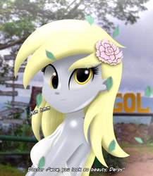 Size: 2000x2300 | Tagged: safe, artist:aryatheeditor, imported from derpibooru, derpy hooves, doctor whooves, time turner, equestria girls, bare shoulders, beautiful, beautisexy, breasts, clothes, cute, derpabetes, dress, flower, flower in hair, grammar error, high res, indonesia, irl, leaves, looking at you, male, male pov, offscreen character, offscreen male, photo, pov, shiny, sleeveless, sleeveless dress, sleeveless turtleneck, smiling, smiling at you