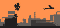 Size: 1280x615 | Tagged: safe, artist:nitobit, imported from derpibooru, oc, oc:calamity, oc:pyrelight, oc:velvet remedy, balefire phoenix, pegasus, phoenix, pony, unicorn, fallout equestria, city, cityscape, limited palette, pixel art