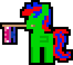 Size: 1000x879 | Tagged: safe, artist:switcharoo, imported from derpibooru, oc, oc only, oc:gojipie, pegasus, pony, bisexual, bisexual pride flag, flag, genderfluid, genderfluid pride flag, holding a flag, mouth hold, pegasus oc, pixel art, pixl pony, pride, pride flag, simple background, transparent background, wings