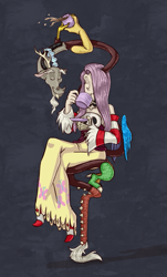 Size: 599x995 | Tagged: safe, artist:kazachokolate, imported from derpibooru, discord, fluttershy, draconequus, human, leviathan, clothes, crossover, dress, drinking, fangs, female, food, humanized, male, skullgirls, squigly, tea