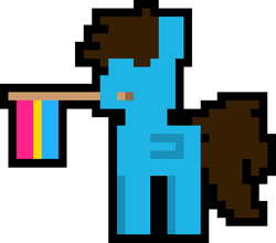 Size: 1000x879 | Tagged: safe, artist:switcharoo, imported from derpibooru, oc, oc only, oc:drumstick pony, pegasus, pony, flag, holding a flag, male, mouth hold, pansexual, pansexual pride flag, pegasus oc, pixel art, pixl pony, pride, pride flag, simple background, stallion, transparent background, wings