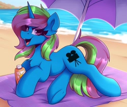 Size: 1900x1600 | Tagged: safe, artist:shadowreindeer, imported from derpibooru, oc, oc only, oc:shimo, pony, unicorn, beach, beach towel, chest fluff, commission, eye clipping through hair, female, looking at you, mare, open mouth, smiling, smiling at you, solo, sunscreen, towel, umbrella, underhoof, water, ych result