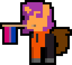 Size: 1000x906 | Tagged: safe, artist:switcharoo, imported from derpibooru, oc, oc only, pony, unicorn, bisexual, bisexual pride flag, clothes, female, flag, holding a flag, hoodie, horn, mare, mouth hold, pants, pixel art, pixl pony, pride, pride flag, shoes, simple background, transparent background, trousers, unicorn oc