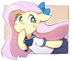 Size: 806x677 | Tagged: safe, artist:fuyugi, artist:nendo, imported from derpibooru, fluttershy, pegasus, pony, blushing, bow, clothes, cute, daaaaaaaaaaaw, hair bow, moe, sailor uniform, school uniform, shyabetes, solo, uniform, white pupils