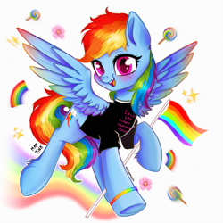 Size: 2048x2048 | Tagged: safe, artist:meqiopeach, imported from derpibooru, rainbow dash, pegasus, pony, backwards cutie mark, big eyes, blushing, clothes, colored pupils, colored wings, cute, dashabetes, emoji, female, flag, fluffy, gay, gay pride flag, gradient wings, happy, high res, looking at you, male, mare, messy mane, multicolored wings, pride, pride flag, pride month, proud, rainbow, rainbow wings, shirt, simple background, smiling, smiling at you, solo, spread wings, underhoof, white background, wings