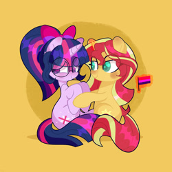 Size: 3800x3800 | Tagged: safe, artist:tokkii, artist:twxly, imported from derpibooru, sci-twi, sunset shimmer, twilight sparkle, pony, unicorn, equestria girls, equestria girls series, bisexual, cute, equestria girls ponified, female, glasses, high res, lesbian, lgbt, ponified, pride, round glasses, sciset, scitwishimmer, shimmerbetes, shipping, solo, sunlight, sunsetsparkle, unicorn sci-twi, unicorn twilight