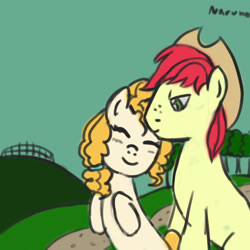 Size: 1024x1024 | Tagged: safe, artist:wrath-marionphauna, imported from derpibooru, bright mac, pear butter, brightbutter, female, kiss on the head, male, shipping, smiling, straight