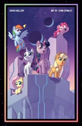 Size: 1988x3056 | Tagged: safe, artist:evan stanley, idw, imported from derpibooru, applejack, fluttershy, pinkie pie, rainbow dash, rarity, twilight sparkle, alicorn, earth pony, pegasus, pony, unicorn, spoiler:comic, cybertron, female, mane six, mare, moon, solo, the magic of cybertron, transformers, twilight sparkle (alicorn)