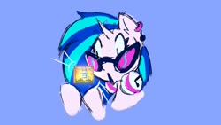 Size: 1493x842 | Tagged: safe, artist:juniibugart, imported from derpibooru, dj pon-3, vinyl scratch, pony, unicorn, blue background, crazy frog, ear piercing, female, headphones, mare, meme, open mouth, piercing, simple background, solo