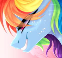 Size: 2304x2160 | Tagged: safe, artist:elektra-gertly, imported from derpibooru, imported from ponybooru, rainbow dash, pegasus, pony, bust, close-up, determined, eye clipping through hair, grin, high res, portrait, profile, smiling, solo, sweat, sweatdrop, wings