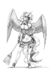 Size: 1000x1369 | Tagged: safe, artist:baron engel, imported from derpibooru, princess luna, alicorn, anthro, unguligrade anthro, breasts, broom, clothes, digital art, female, grayscale, maid, mare, monochrome, pencil drawing, simple background, sketch, solo, traditional art, white background
