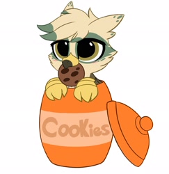 Size: 1987x2048 | Tagged: safe, artist:kittyrosie, imported from derpibooru, oc, oc only, oc:dillinger, griffon, blushing, chibi, cookie, cookie jar, cute, food, griffon oc, high res, male, ocbetes, solo